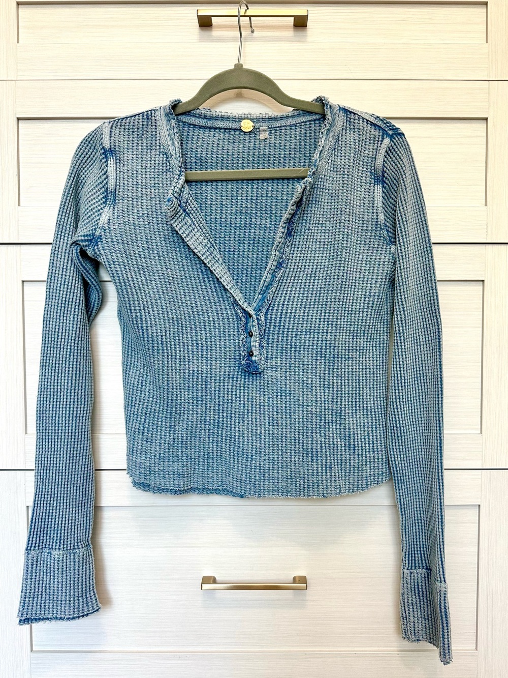 Free People Blue Waffle-Knit Long Sleeve Henley Small